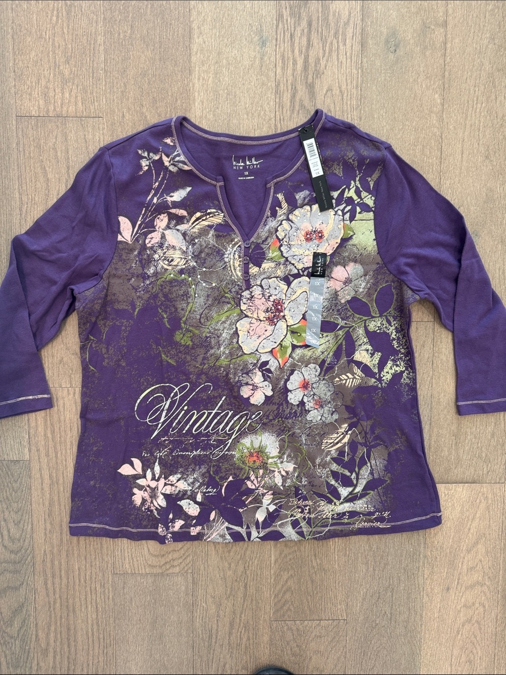 Nicole Miller Cotton 3/4 Sleeve Vintage Design‎ Floral Top Purple Women’s 1X NWT